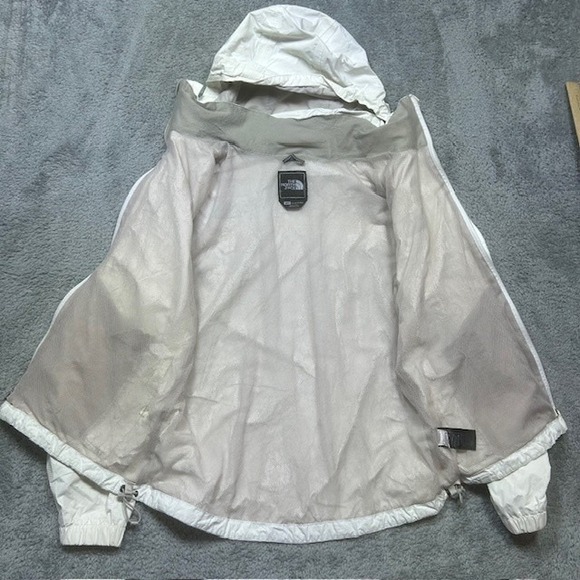 North Face HyVent Jacket Womens Small White Hooded Waterproof Windbreaker SPOTS - Picture 9 of 16